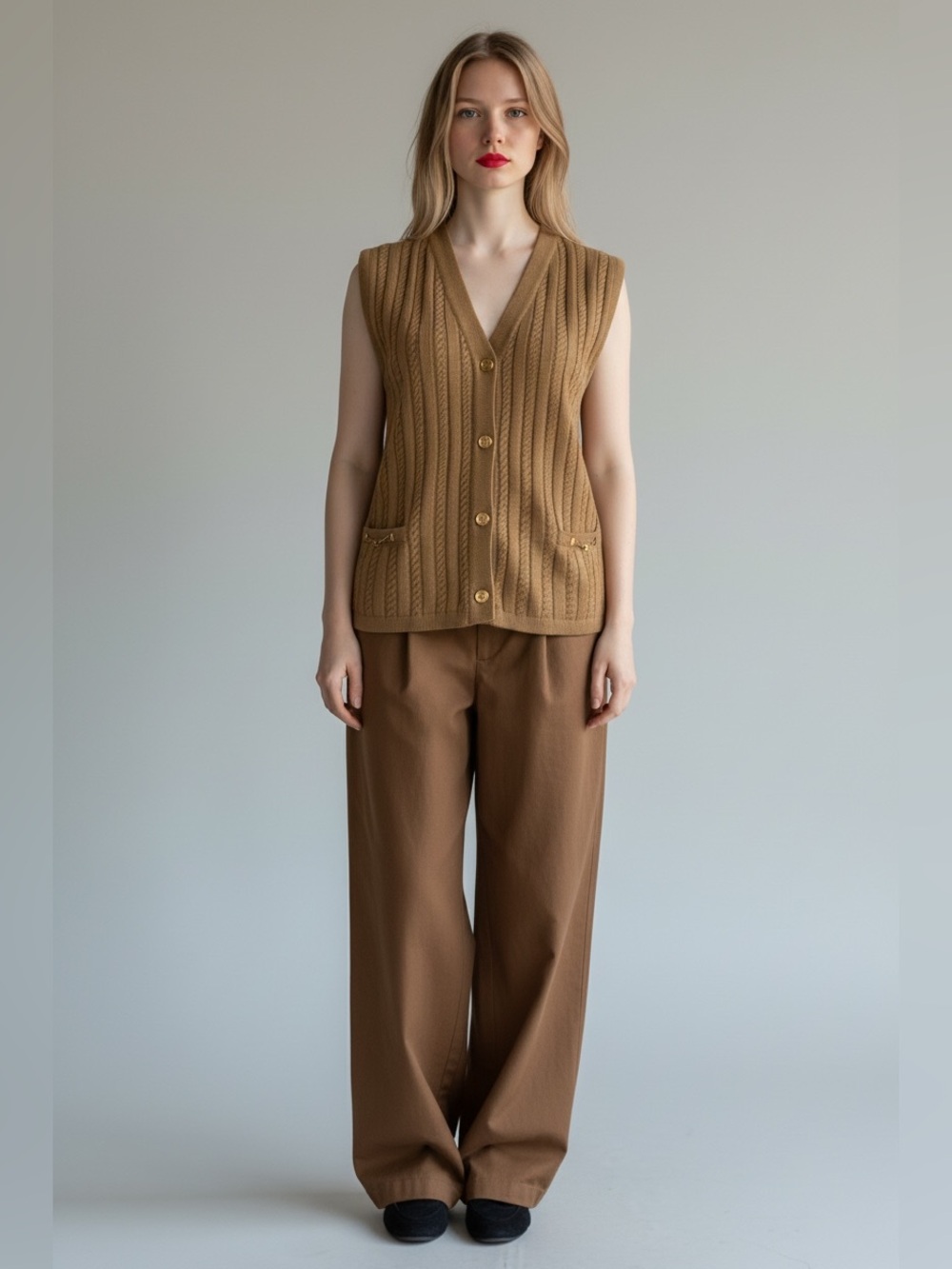Celine Caramel Brown Cable-Knit Sleeveless Vest